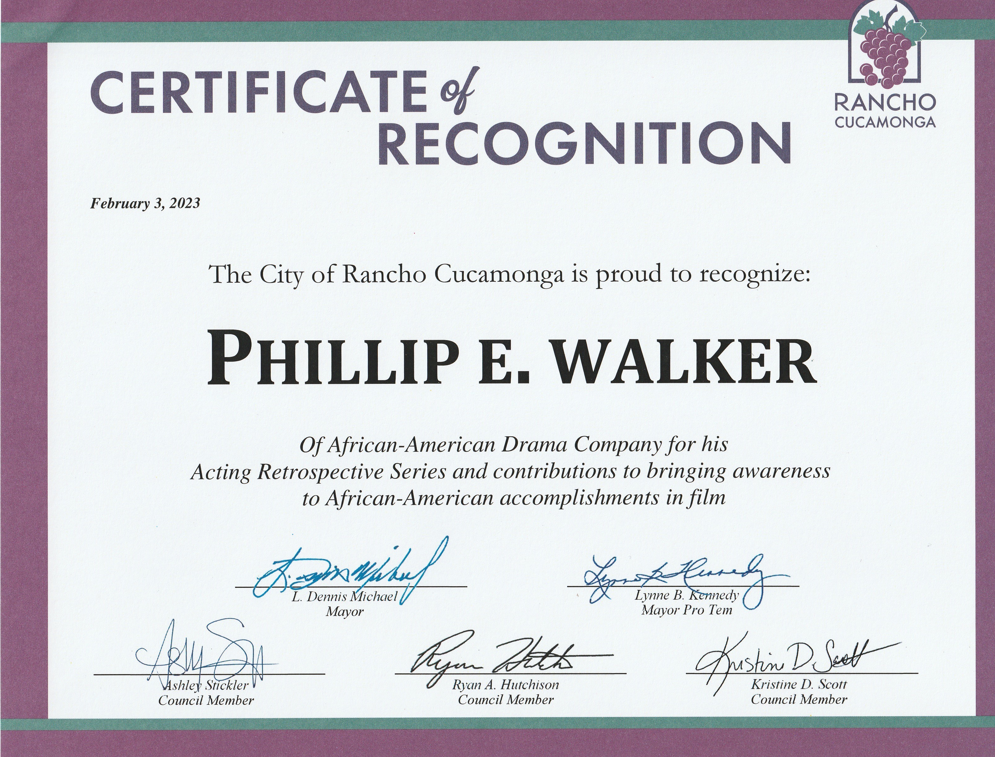 City of Rancho Cucamonga Recognition Certificate